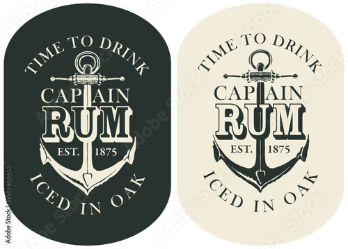 Vector set of banner or label for rum bottle on old paper background. Vintage style logo with anchor, corkscrew and lettering. No AI used