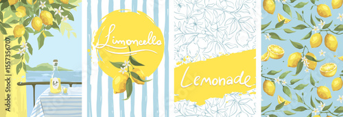 Summer trip to Italy. Lemonade and limoncello. Summer and Mediterranean themed design set. Hand drawn vector illustration in watercolor style.