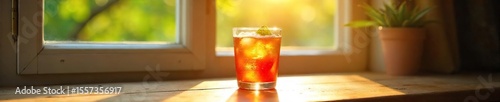 Wallpaper Mural Sunlight Illuminates Colorful Drink in Glass, Peaceful Window Scene, Calm Minimalist Mood Torontodigital.ca