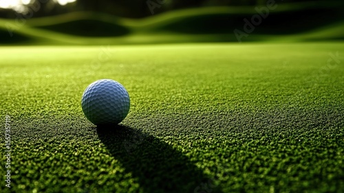 A golf ball resting on a green, textured putting surface with a long shadow cast by sunlight in the early morning or late afternoon.