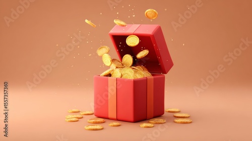 3D open gift box surprise with gold coins. loyalty program and get rewards, Money prize reward. Casino or Online game winner. 3d rendering. Vector illustration