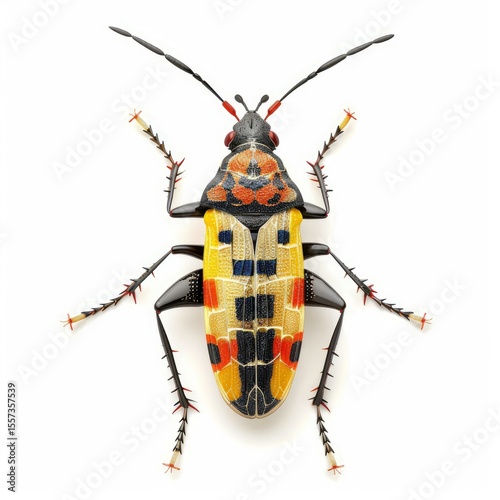 Studio shot of a colorful harlequin beetle showcasing its intricate patterns photo