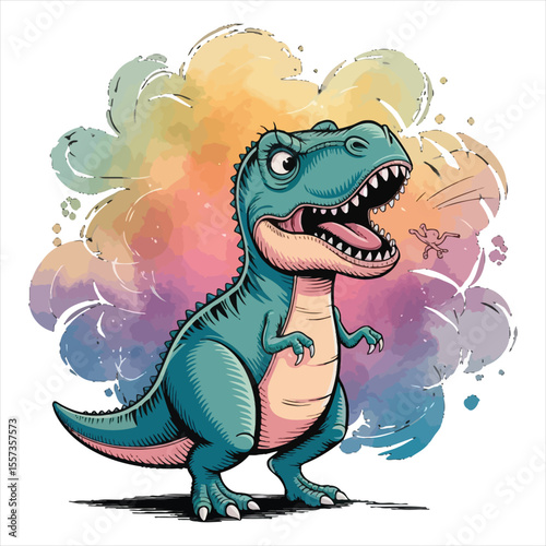 Art of cartoon trex dinosaur roaring with watercolor cloud isolated on white background