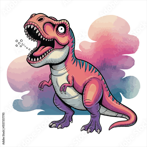 Art of cartoon trex dinosaur roaring with vapor cloud isolated on white background