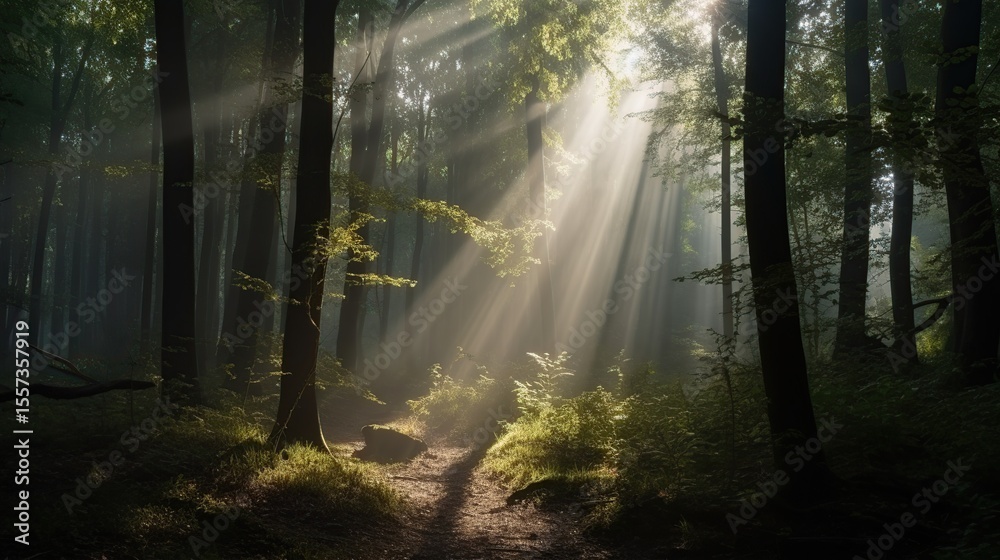 Naklejka premium Sunbeams in Misty Forest Path. (1)
