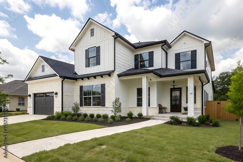 the exterior front view of an single family house in Austin, Texas with white walls and black trim,house, home, architecture, building, exterior, residential, sky, garden, lawn, new, luxury, window, 