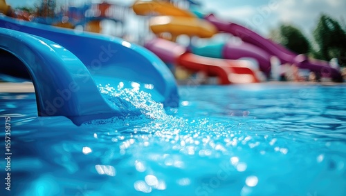 Wallpaper Mural Bright blue water slide spills into a pool.  Blurred colorful water park background Torontodigital.ca