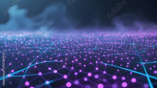 Complex AI Data Network with Luminous Nodes, Geometric Mesh and Real-Time Processing Symbols