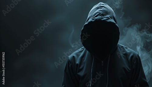hacker hooded figure with no face, data theft threat theme, shadowy high contrast photo — cybercrime representation