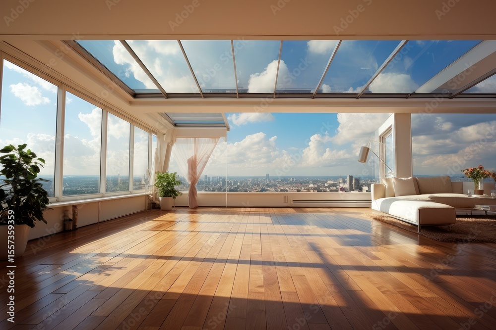 Fototapeta premium Spacious penthouse featuring large windows and a stunning cityscape view