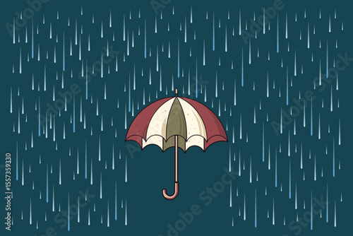 Rainy day umbrella flat vector with falling drops, cartoon pastel illustration perfect for baby products, kids art themes, and weather-related background visuals
