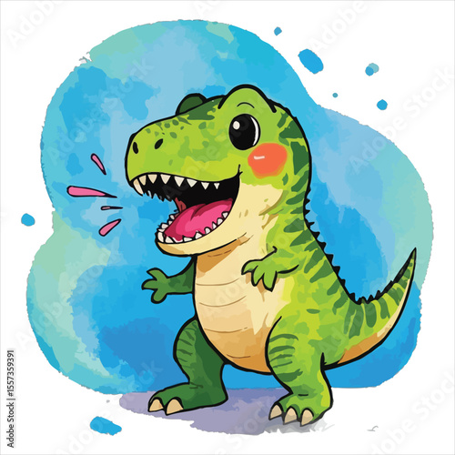 Art of cute cartoon dinosaur with watercolor background isolated on white