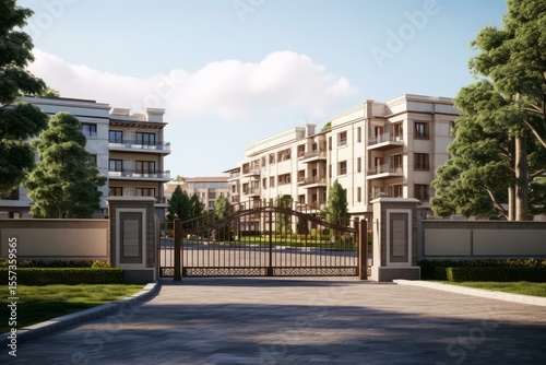Elegant wrought iron gate securing access to modern residential apartment buildings, offering safety and exclusivity