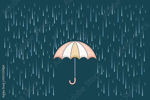 Colorful umbrella in cartoon rain scene, flat vector pastel illustration for seamless patterns, educational visuals, and children’s seasonal decorations
