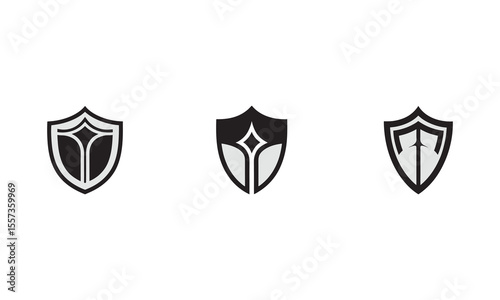 Set of 6 Modern Shield Icons  Geometric Black and White Vector EPS for Logos, Emblems & Badges. Unique Shield Icons Set – Minimalist Black & Grey Vector EPS for Modern Logos & Emblems