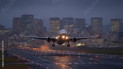 A commercial airplane takes off from a runway at dusk, with city skyscrapers illuminated in the background
