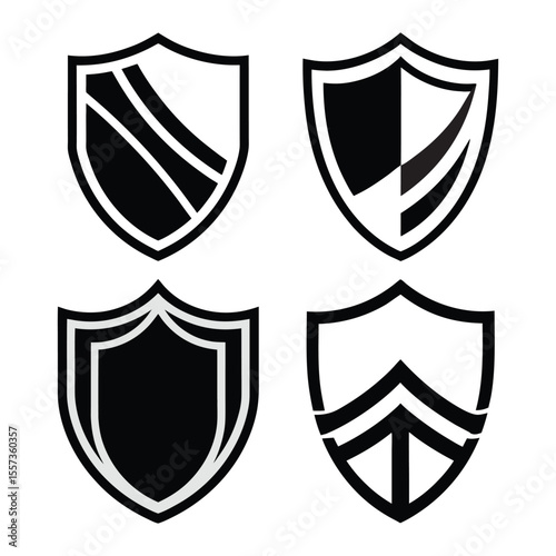 Set of 6 Modern Shield Icons  Geometric Black and White Vector EPS for Logos, Emblems & Badges. Unique Shield Icons Set – Minimalist Black & Grey Vector EPS for Modern Logos & Emblems