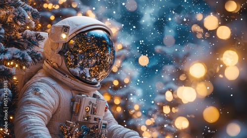 A space suit near a decorated Christmas tree.