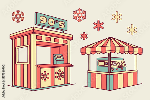 Retro Carnival Booths Vector Set with 90s Neon Style Elements