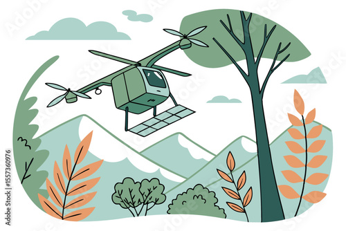 Green Cargo Drone with Solar Wings Futuristic Delivery Vector Graphic
