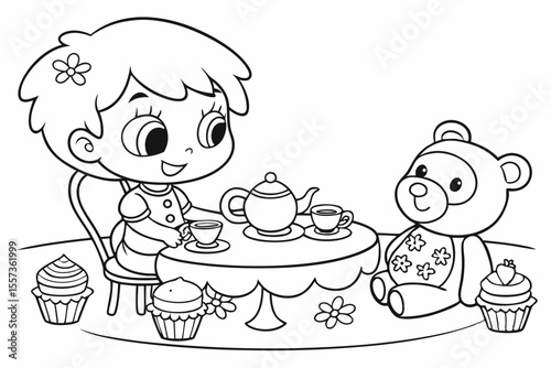 baby girl with teddy bear for coloring book, coloring page, kids