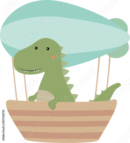 cute dinosaur on air balloon hand drawn vector cartoon