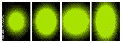Radial pixel backgrounds with dither bitmap effect. Neon green square gradients for abstract poster or brutalist layout. Vector set