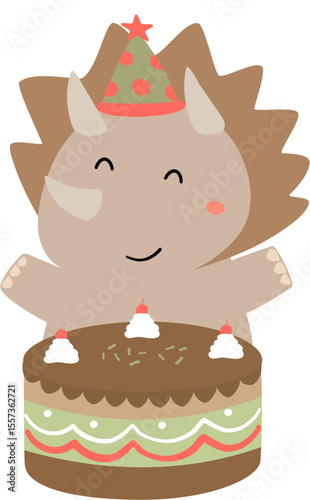 cute triceratops with cake hand drawn vector cartoon