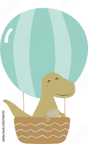 cute tyrannosaurus rex on air balloon hand drawn vector cartoon
