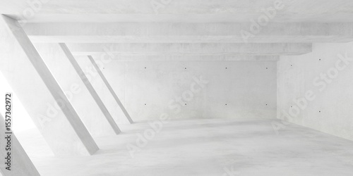 Abstract empty, modern concrete room with series of diagonal pillars, ceiling beams and rough floor - industrial interior background template