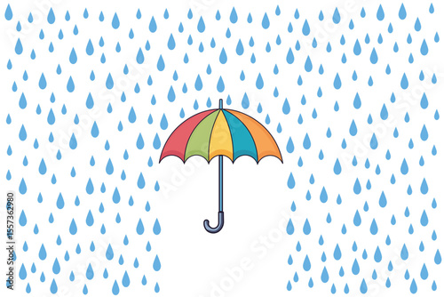 Flat vector cartoon umbrella and rain drops in pastel palette, ideal for children’s educational tools, nursery backgrounds, and seasonal visual art
