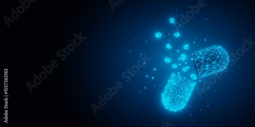 Blue glowing low-poly wireframe pill capsule on black background with copy space, science, bio technology or medical background concept