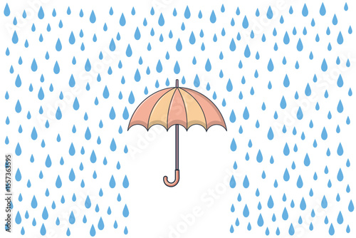 Colorful umbrella and soft rain drops, cartoon flat vector style illustration for weather concepts, nursery art, and children’s background graphics
