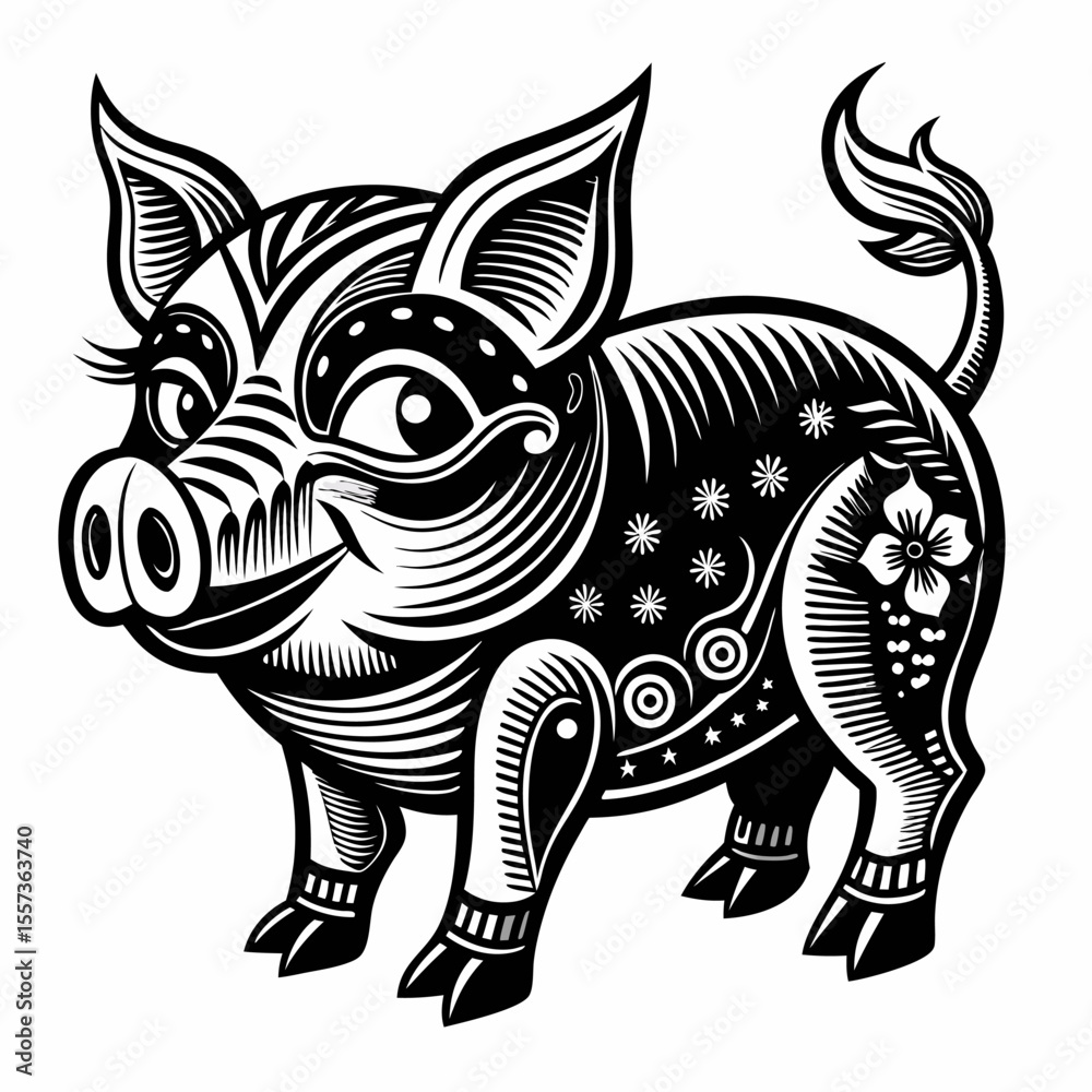 Fototapeta premium Intricate Black and White Pig Illustration with Floral Patterns and Geometric Details
