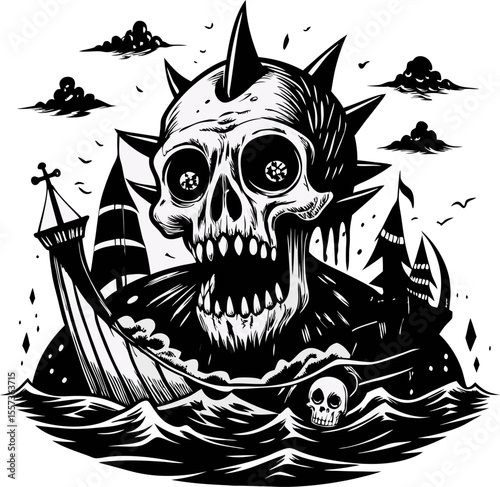 Gothic skull illustration with shipwreck and stormy sea depicting dark fantasy art