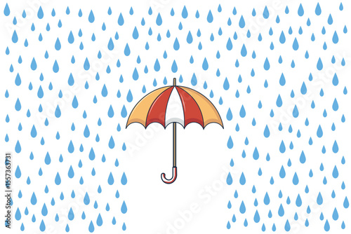 Vector cartoon design of rain falling on umbrella, pastel flat style illustration suitable for children’s rainy visuals, nursery wall prints, and baby items
