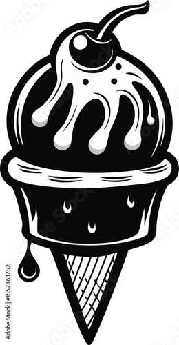 Vintage ice cream cone illustration with dripping cherry topping