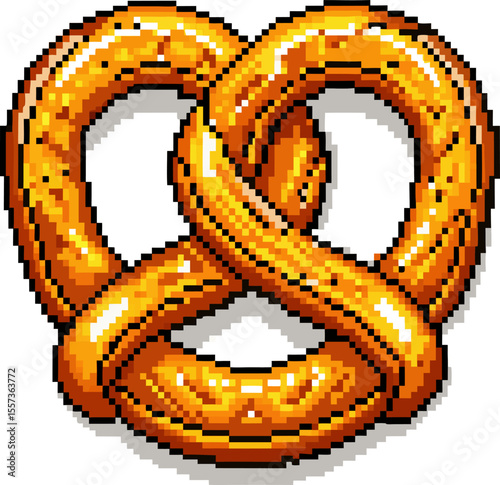 Pixelated golden pretzel on a white background, capturing retro art style