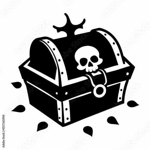 Stylized Pirate Treasure Chest with Skull and Leaves Icon