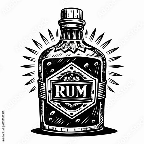 Vintage Black and White Rum Bottle Illustration with Radiant Design