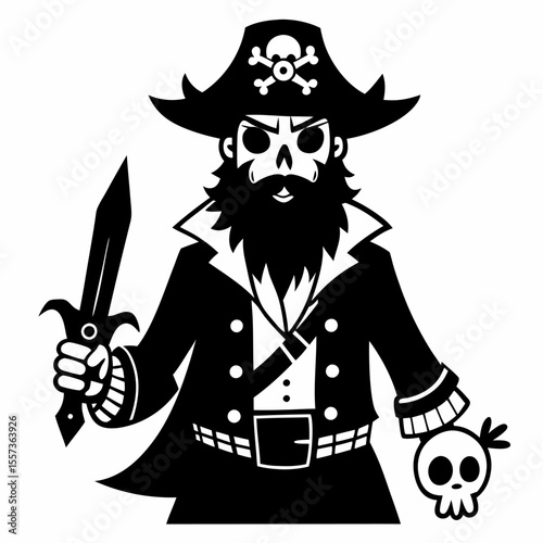 Skull Headed Pirate with Sword and Skull in Bold Black and White Illustration