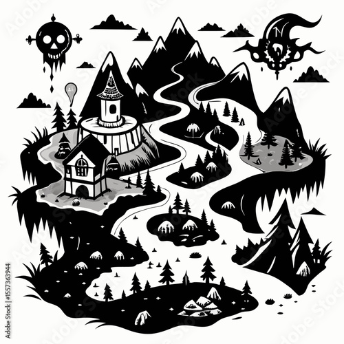 Black and White Fantasy Map with Mountains and Mysterious Castles
