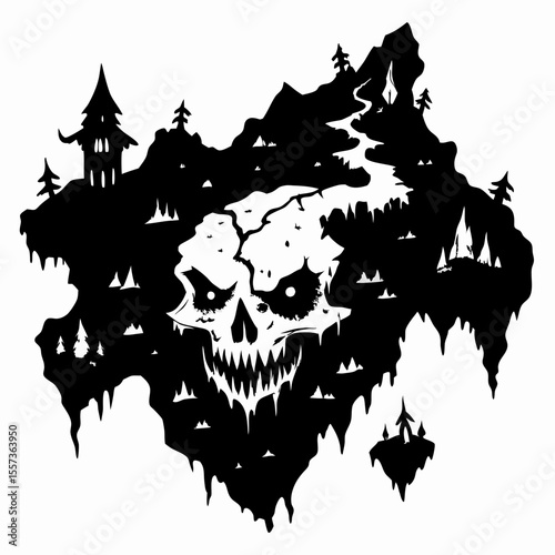 Spooky Skull Island Silhouette of Haunted Landscape with Tent and Tower