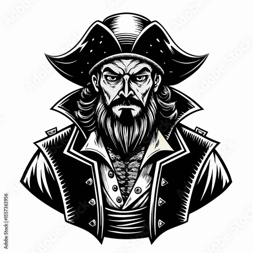 Intricate Pirate Portrait Illustration with Bold Black and White Ink Detailing