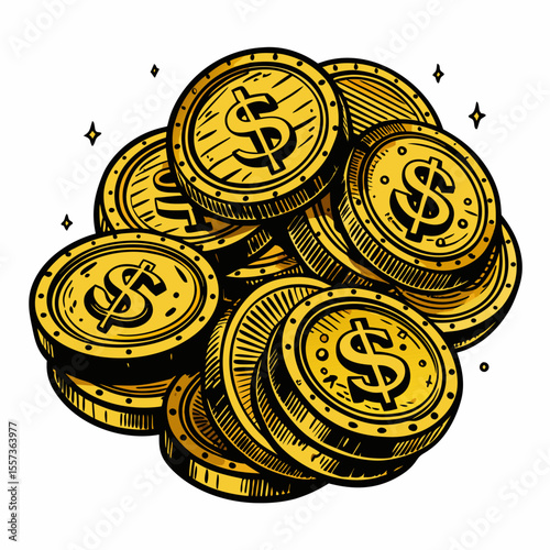 Stack of Illustrated Gold Coins with Dollar Symbols for Financial Concepts