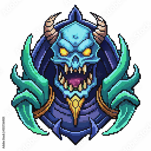 Pixel Art Blue Demonic Monster with Glowing Eyes and Horns Abstract  Graphic