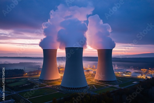 Nuclear power plant at dusk with three towering concrete structures releasing steam and smoke into the twilight sky, set against a serene landscape