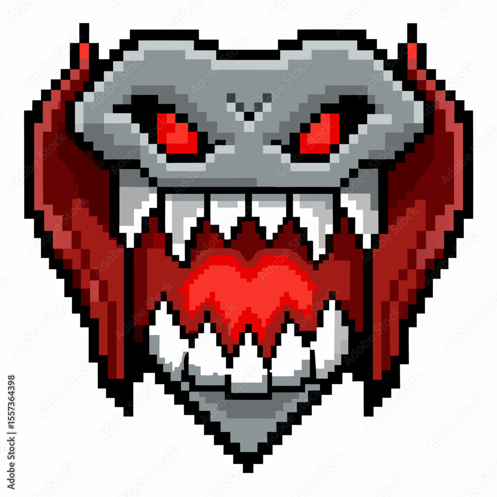 Fototapeta premium Pixel Art Monster with Red Eyes and Sharp Teeth Retro Gaming Icon