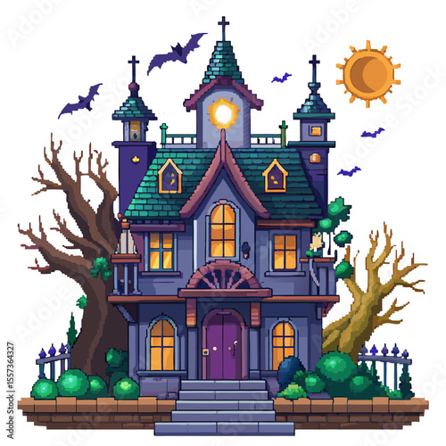 Spooky Pixel Art Haunted House with Bats and Trees at Sunset