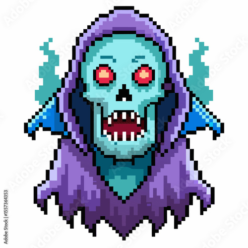 Pixel Art Ghoul   Retro 8 bit Skeleton with Glowing Eyes and Purple Hood